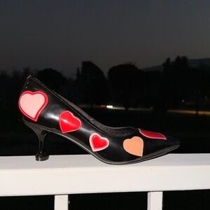 Italian leather Black Heart Patches Kitten Heels